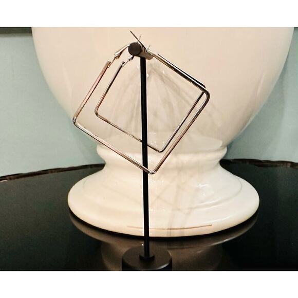 Minimalist Square “Hoop” Silver Tone Earrings - Picture 3 of 5